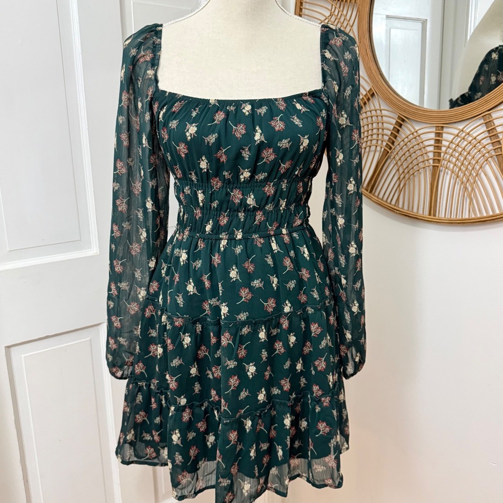 Trixxi Milkmaid Mini Dress M Green Dark Romantic Boho Cottagcore Fairycore Flowy